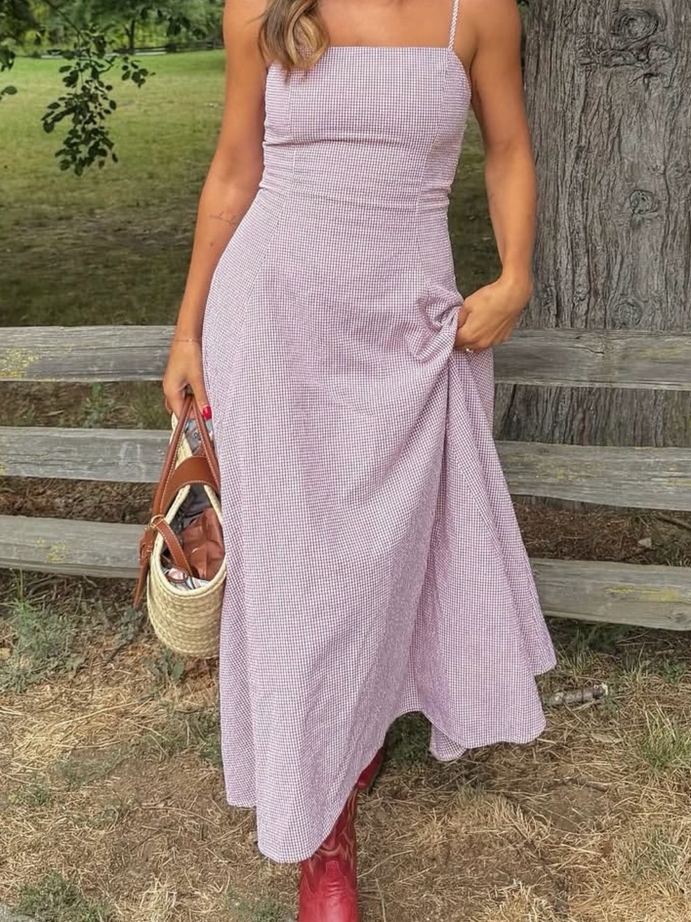 Stitch and Feather Spaghetti Strap Pink Gingham Maxi Dress